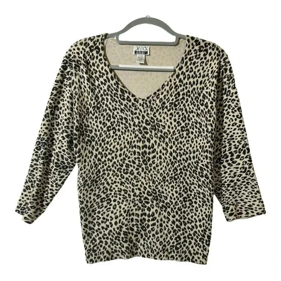 Anna Gray VTG Silk Womens V-Neck Leopard Print Blouse 3/4 Sleeve Size L Mob Wife - Picture 1 of 9